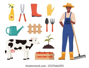 Caráter de agricultor e diferentes elementos da exploração. Mulher negra agricultora, celeiro, vaca, fertilizante, palheiro, carrinho, colheita, forquilha, regador, planta. Conjunto de elementos no tema do farm Ilustração do vetor