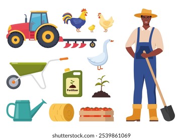 Caráter de agricultor e diferentes elementos da exploração. Homem Negro fazendeiro, celeiro, trator, frango, galo, ganso, fertilizante, palheiro, carrinho, lata de água. Conjunto de elementos no tema do farm Ilustração do vetor