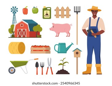 Caráter de agricultor e diferentes elementos da exploração. Homem Negro fazendeiro, celeiro, porco, fertilizante, palheiro, carrinho, colheita, forquilha, regador, planta. Conjunto de elementos no tema do farm Ilustração do vetor