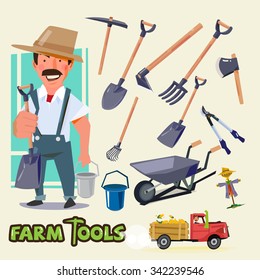 Farmer Character With Farm Tools Set - Vector Illustration