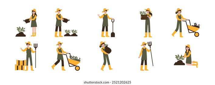 Farmer Character flat illustration set. Include of farmer, agriculture, farming, plant, and harvest. Vector illustration isolated.