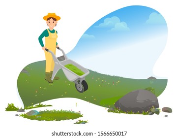Farmer character going with truck by green grass. Smiling landscape designer in work clothes holding trolley near rock. Professional work in agricultural industry, cloudy sky in countryside vector