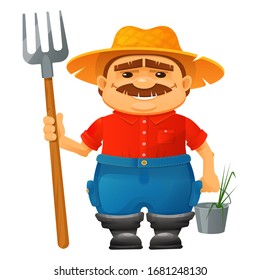 Farmer character. Happy smiling farmer holds a pitchfork and a pail.