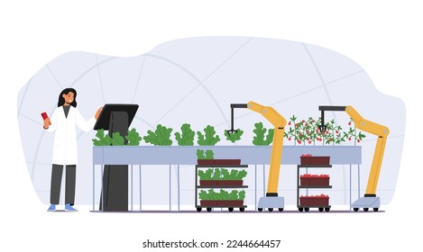 Farmer Character Harvesting Crop Using Automated Robotics Technologies and Smart Iot Control for Greenhouse and Farm. Cyborg Arm Picking Up Ripe Plants. Cartoon People Vector Illustration