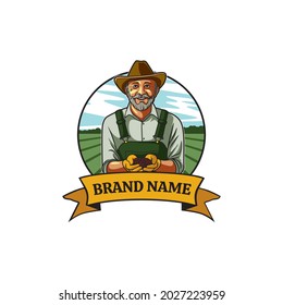 Farmer Character Holding Beans In Hand Logo Concept