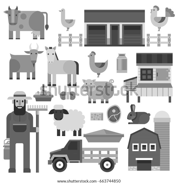 Farmer character man\
agriculture monochrome profession rural gardener farm animals\
vector illustration.