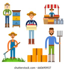 Farmer character man agriculture person profession rural gardener worker people vector illustration.