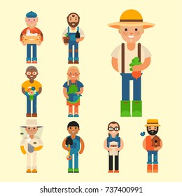 Farmer character man agriculture person profession rural gardener worker farming people vector illustration.