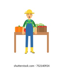 Farmer character in overalls standing near counter and selling fresh vegetables