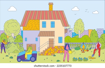 Farmer character people work together care land plot, clean kitchen garden line flat vector illustration, harvest green plants.