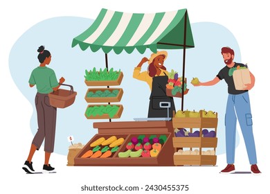 Farmer Character Proudly Displays Vibrant, Fresh Vegetables At Market Stall, Arranged Meticulously. Bright Colors And Earthy Aromas Invite Customers To Savor The Farm-to-table Goodness, Vector Scene