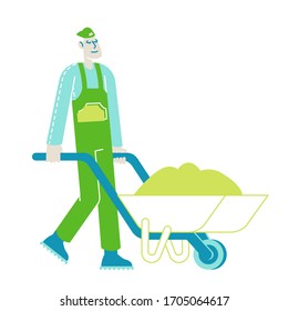 Farmer Character Pushing Wheelbarrow Working in Garden. Man Worker or Gardener Carrying Soil for Planting Trees. Flowers or Plants in Orchard at Spring or Summer Time. Linear Vector Illustration
