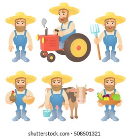 Farmer character set. Cartoon illustration of 6 farmer vector character isolated on white background