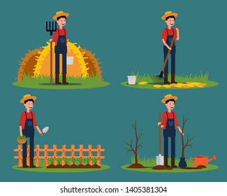 Farmer character set. Vector illustration labor concept, Working, Outdoor, Harvest