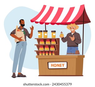 Farmer Character, Smiling Warmly, Showcases Jars Of Golden Honey At His Bustling Market Stall, Engaging With Customers Eager To Taste His Sweet, Natural Harvest. Cartoon People Vector Illustration