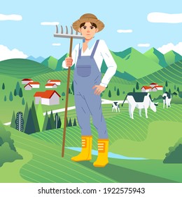 farmer character standing while holding a straw fork and green grass with cows grazing in the background. used for banner, poster and other