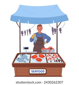 Farmer Character Stands Proudly At His Seafood Stall, Showcasing A Glistening, Fresh Fish In Hand, Surrounded By Ice-filled Displays Of Marine Bountiful Catch. Cartoon People Vector Illustration