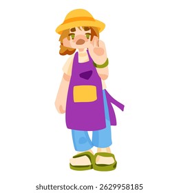 Farmer character wears a yellow hat and a purple apron, raising a hand in greeting. The design fits well for gardening, farming, professional roles, or character-based storytelling.