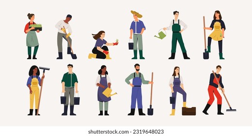 Colección de caracteres de granjero. Trabajadores de la agricultura de dibujos animados con herramientas orgánicas de jardinería, trabajo agrícola y personajes de la mujer y el hombre en la jardinería. Conjunto de vectores de ilustraciones agrícolas de agricultores y trabajadores