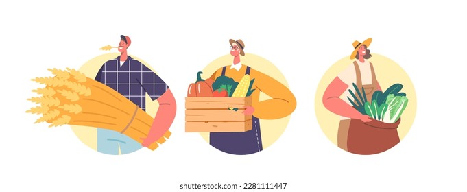 Farmer Characters with Crop of Fresh Greens, Wheat and Vegetable in Hands Isolated Round Icons or Avatars