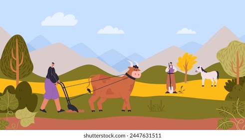 Farmer characters at farm agriculture and farm animals. Vector of farming rural village, nature countryside domestic, organic field illustration