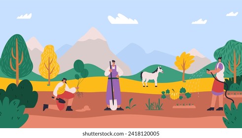 Farmer characters at farm agriculture. Vector of farm agriculture, farmer character cartoon, gardener man and woman working illustration