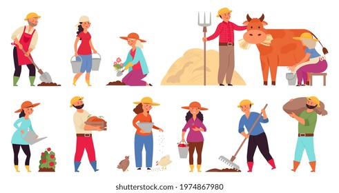 Farmer characters. Gardening working women, farmers in village work. Harvest seasons, isolated agriculture garden or plantation decent vector set