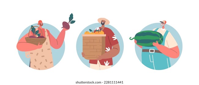 Farmer Characters Holding Watermelon, Orange Fruits And Beet Crop In Hands Isolated Round Icons or Avatars