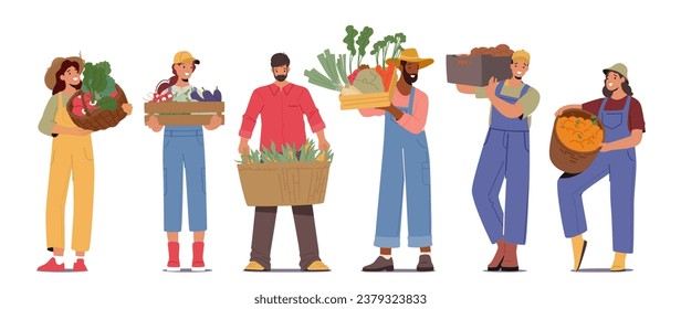 Farmer Characters Proudly Holding Baskets And Crates Brimming With The Bounty Of Their Harvest. A Vibrant Scene Of Hard Work, Dedication, And Agricultural Labor. Cartoon People Vector Illustration