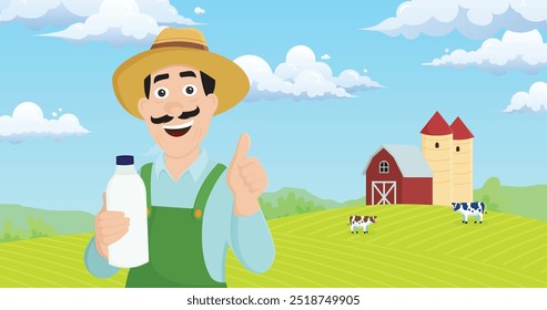 Personagens de agricultores mostram seus produtos láteos de alta qualidade de fazendas naturais.