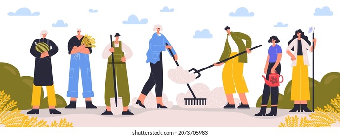 Farmer characters standing with harvest and farm tools. Agricultural farm workers planting crops and harvesting vector illustration. Farm workers group. Farmer characters at farm agriculture