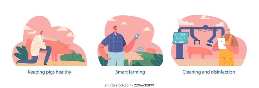 Farmer Characters Tend To Pigs On Smart Farm. They Provide Cleaning, Grazing And Medical Care, Vector Illustration