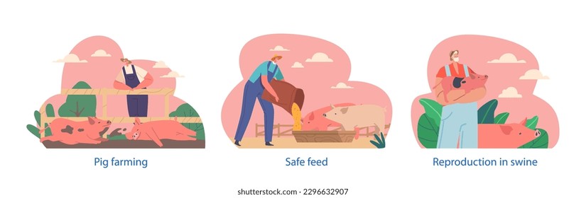 Farmer Characters Tend To Pigs On A Farm. They Provide Feed, Water, Reproduction And Care, Cartoon Vector Illustration