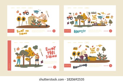Los personajes de los granjeros trabajan en el conjunto de plantillas de la página de aterrizaje de cultivos de huertos o huertos. Los jardineros recogen fruta y producción de verduras. Trabajo estacional, agricultura. Ilustración de vectores de personas lineales