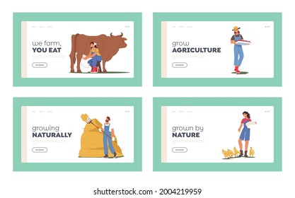 Farmer Characters Working on Farm Landing Page Template Set. People Doing Farming Job as Feeding Fowls and Domestic Animals, Milking Cow, Prepare Hay for Livestock. Cartoon Vector Illustration