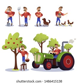 Farmer Charecter Working at Farm Flat Cartoon Vector Illustration. Man Caring for Hen and Chicks, Feeding Animals, Gathering or Collecting Apples from Tree. Male Worker Driving Tractor.