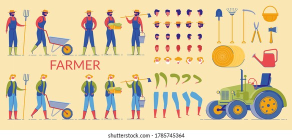 Bauernschreiber arbeitet bei Farm Flat Cartoon Vektorgrafik. Man sammelt oder sammelt Gemüse. Männliche Arbeiter-Fahrer-Holding Pitchgabel, Rollkarren. Ausrüstung, Korb, Traktor. Körperteile.