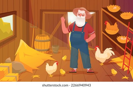 Farmer in chicken coop. Elderly man in barn with wheat looks at domestic animals, breeds birds for food. Agribusiness, rural areas and farming, barnhouse on farm. Cartoon flat vector illustration