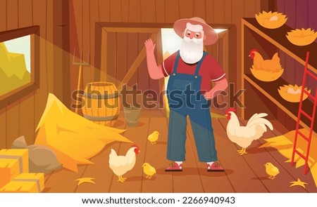 Farmer in chicken coop. Elderly man in barn with wheat looks at domestic animals, breeds birds for food. Agribusiness, rural areas and farming, barnhouse on farm. Cartoon flat vector illustration