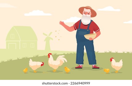 Farmer and chicken. Man feeds pets on farm, agriculture. Senior against background of windmill and barn. Breeding hen for food. Agribusiness and nature. Cartoon flat vector illustration