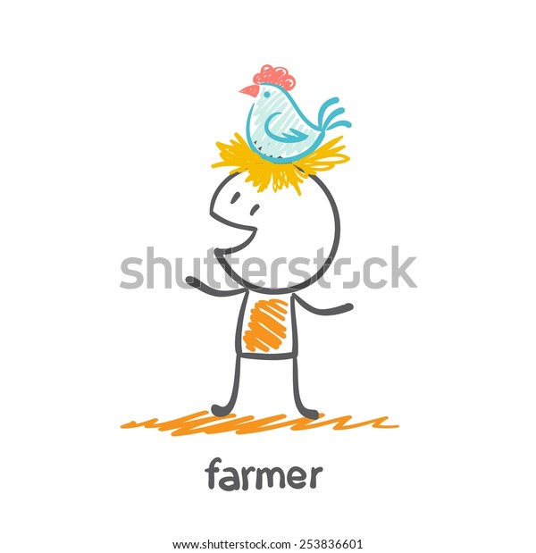 Farmer Chicken On His Head Illustrator Stock Vector Royalty Free