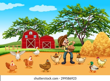 Farmer with chickens and eggs illustration