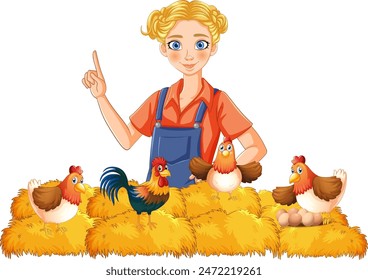 Farmer with chickens and eggs on hay