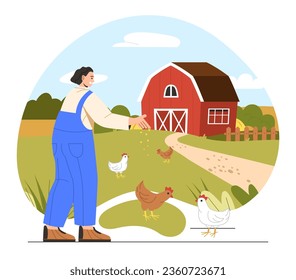 Farmer with chickens at farm concept. Man in uniform with domestic animals outdoor. Harvesting and farming. Cattle at lawn in summer or spring season. Cartoon flat vector illustration