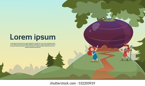 Farmer Children Giant Beet Growing Countryside Background Eco Fresh Farming Concept Flat Vector Illustration