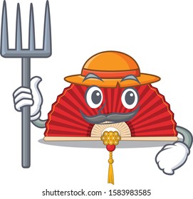 Farmer chinese folding fan cartoon character with hat and tools