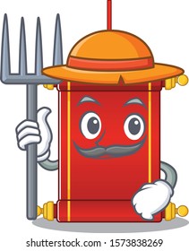 Farmer chinese scrolls cartoon character with hat and tools