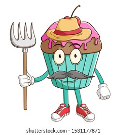 A farmer of chocolate cupcake cartoon character holding a pitchfork with funny face