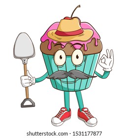 A farmer of chocolate cupcake cartoon character holding a shovel with funny face