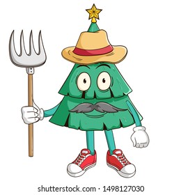 Farmer of Christmas Tree Cartoon Character Holding A Pitchfork With Smile Face